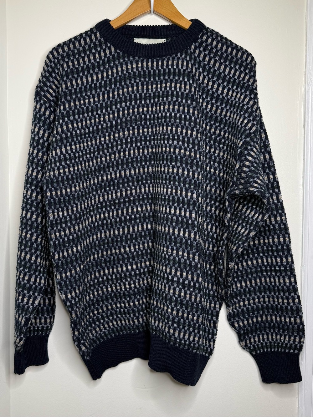 Vintage 90s Robert Stock Acrylic Sweater Men’s Size XL Geometric Navy Blue